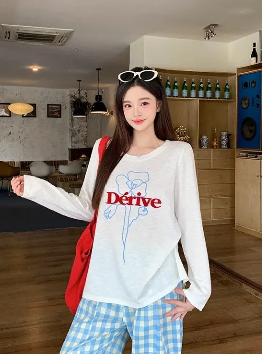 

Женская футболка больших размеров с круглым вырезом, вышивкой и принтом, с длинными рукавами, весна-лето, новая, свободная, универсальная, с защитой от солнца