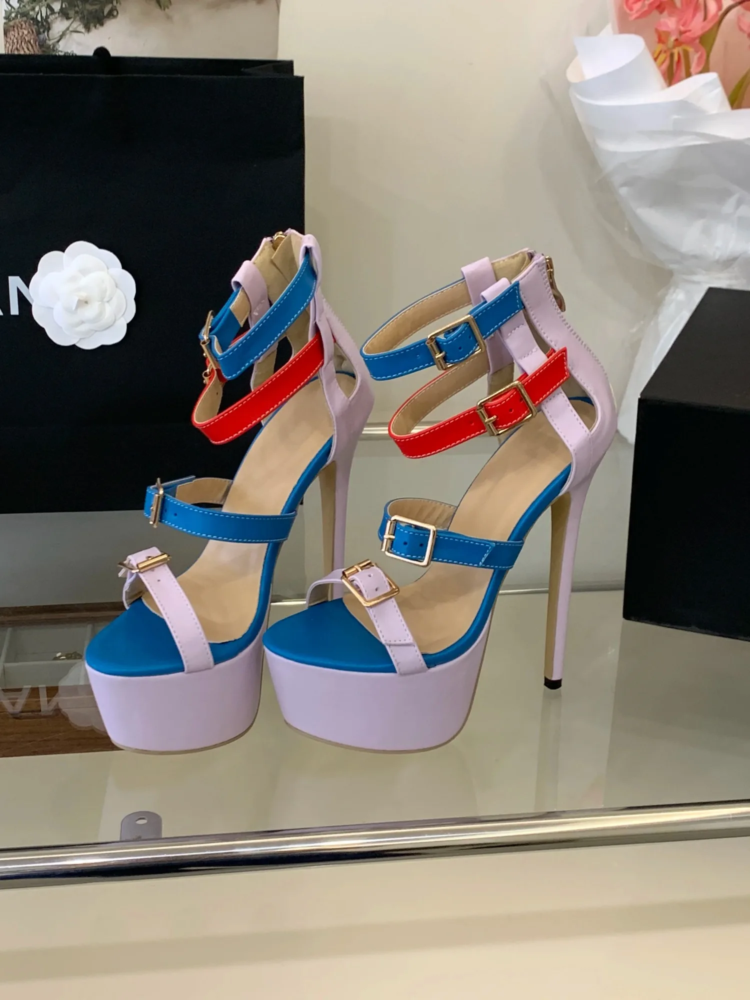 Summer Fresh Color Block Platform Sandals for Women, 17CM Stiletto High Heel Multi Buckle Ankle Strap Open Toe Heels for Party