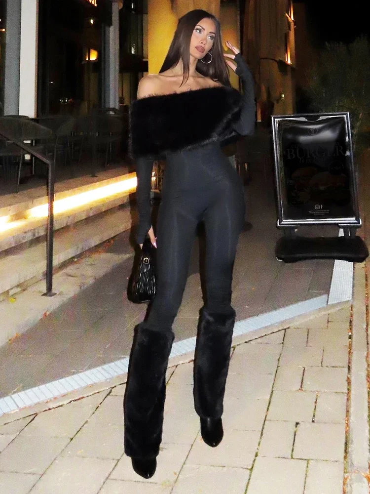 

EOENKKY Hipster Furry Patchwork Jumpsuit Women Slash Neck Full Sleeve Sexy Winter Simple Stretch Skinny Street Club Overalls