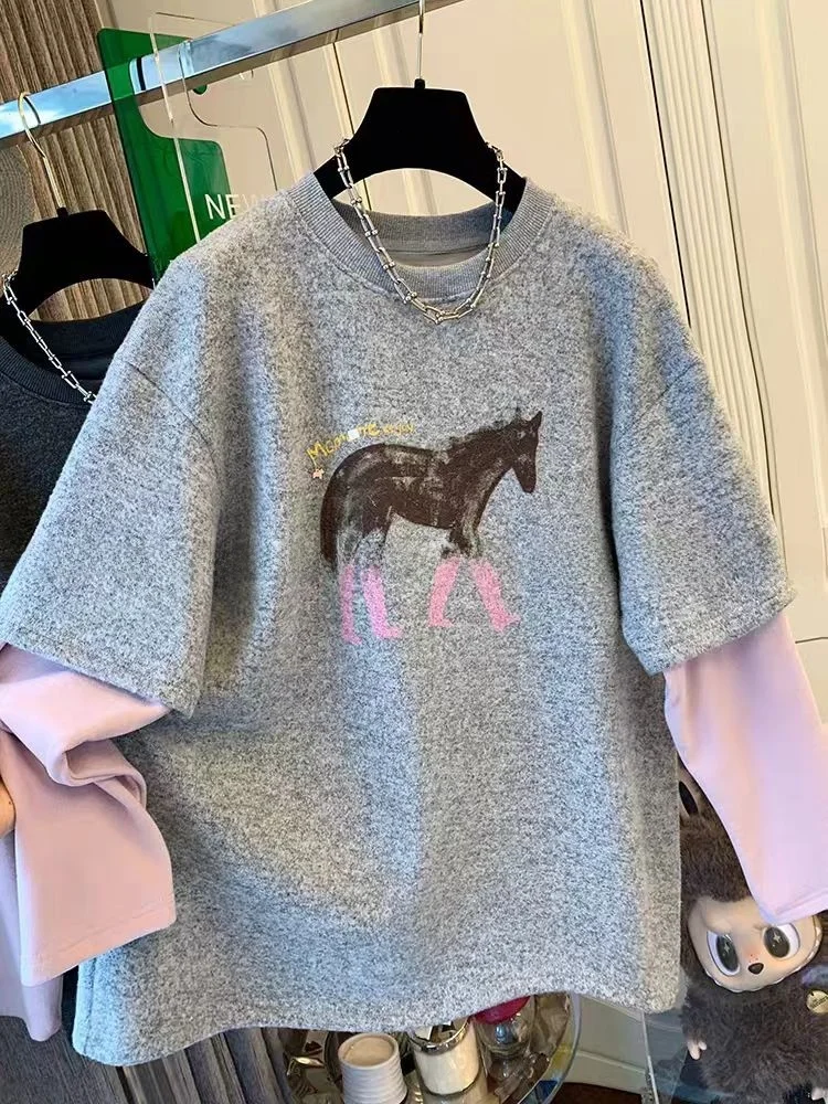 

plus Size Women's Long Sleeve T-Shirt Korean Style Print Inner Wear Top Thickened Autumn Winter Fashion plus Size Clothing