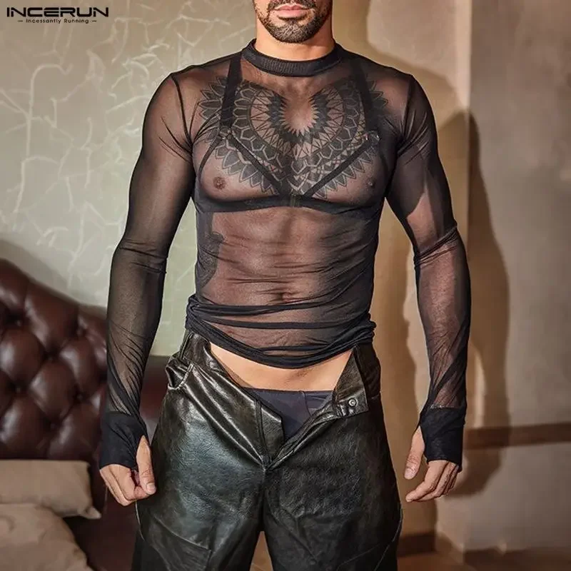 

INCERUN Men T Shirt Mesh See Through O-neck Long Sleeve Sexy Male Tee Tops Streetwear Solid Fashion Party Men Clothing S-3XL