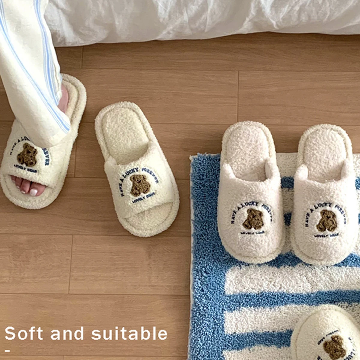 

Women House Fur Slippers Casual Cute Lovely Bear Design White Winter Indoor Non-slip Warm Soft Soles Comfy Home Light Female New