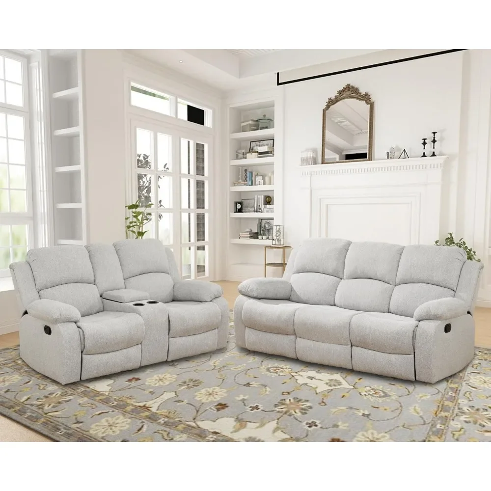 Recliner Sofa Set Living Room Furniture, Microfiber Fabric Reclining Sofa Set, Recliner Couch Set with Cup Holders