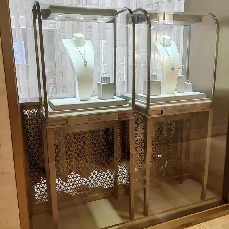 Benutzer definierte, neue Design Juwelier geschäft Display Möbel gebogen Schmuck Display Einzelhandel geschäft Vitrine mit Schloss