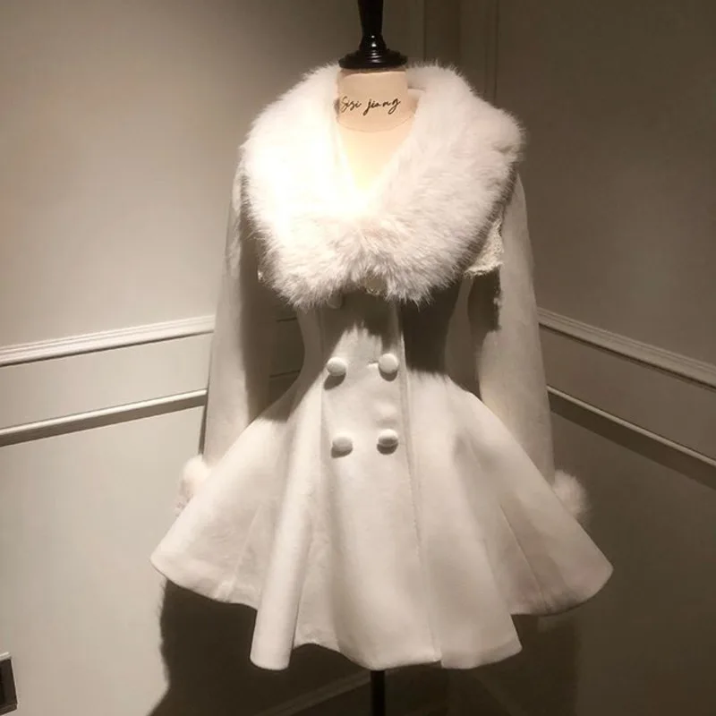 

Women's Autumn And Winter New Style French Waist Cinched Woolen Coat Jacket, White Detachable Woolen Collar Woolen Coat