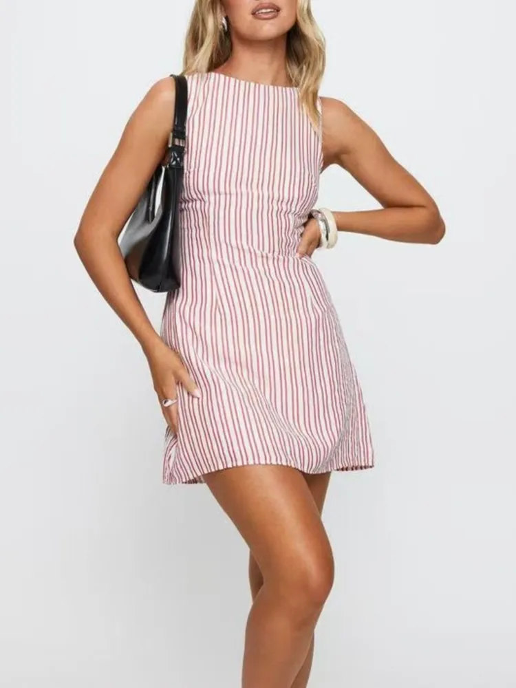 

Summer New Dresses For Women Casual Fashion Striped Print Dress Crew Neck Sleeveless Vestido Mujer Dress Elegante Women Clothing