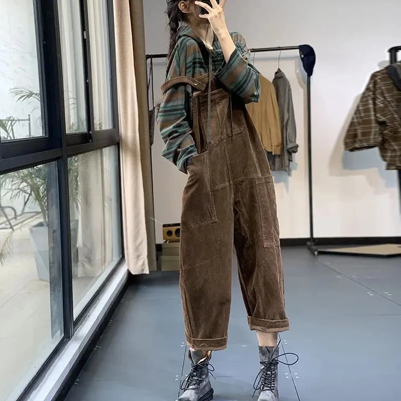 

Corduroy Overalls Women's Autumn Winter plus Size Fat MM Meat Concealing Workwear Jumpsuit Trendy High Waist Cotton Blend