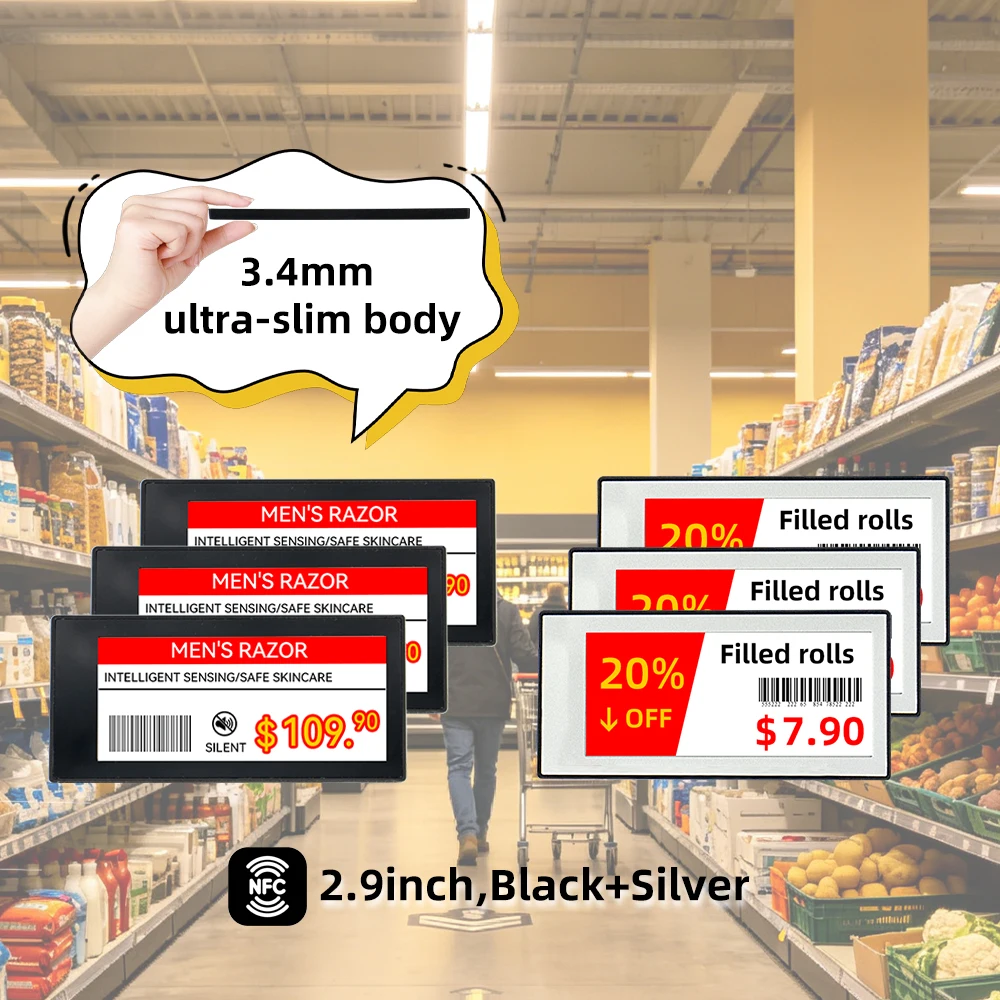 3pcs Black&Sliver Electronic Shelf Label 3.4mm NFC E-paper 2.9 Inch 4 Color BWRY For Grocery