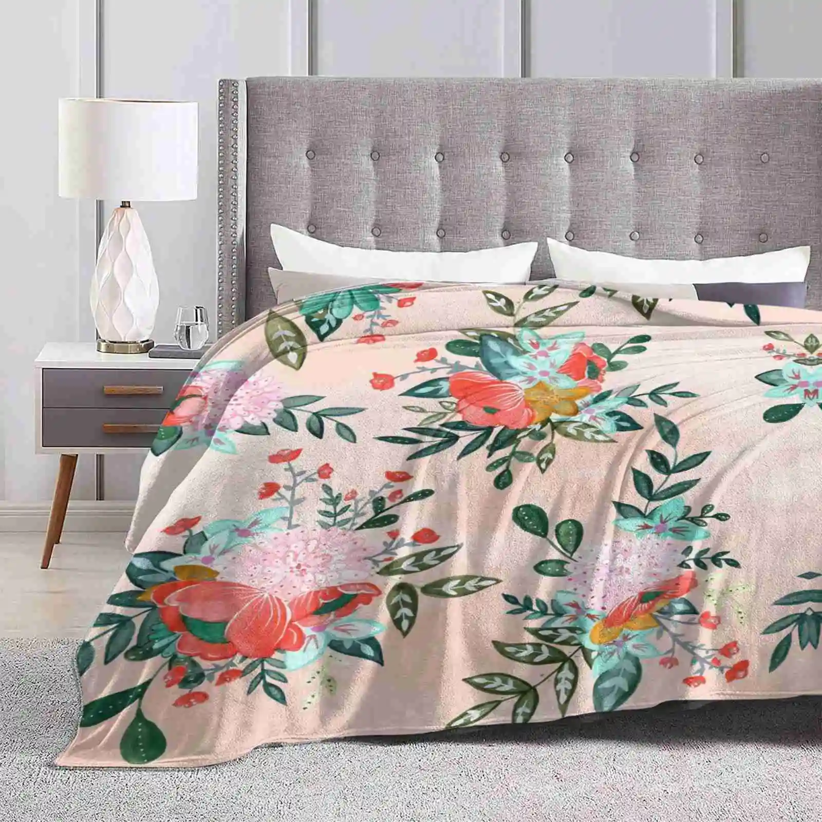 Bouquet Bursts Hot Sale Printing High Qiality Warm Flannel Blanket Gouache Watercolor Repeat Pattern Peach Pink Pastel Coral