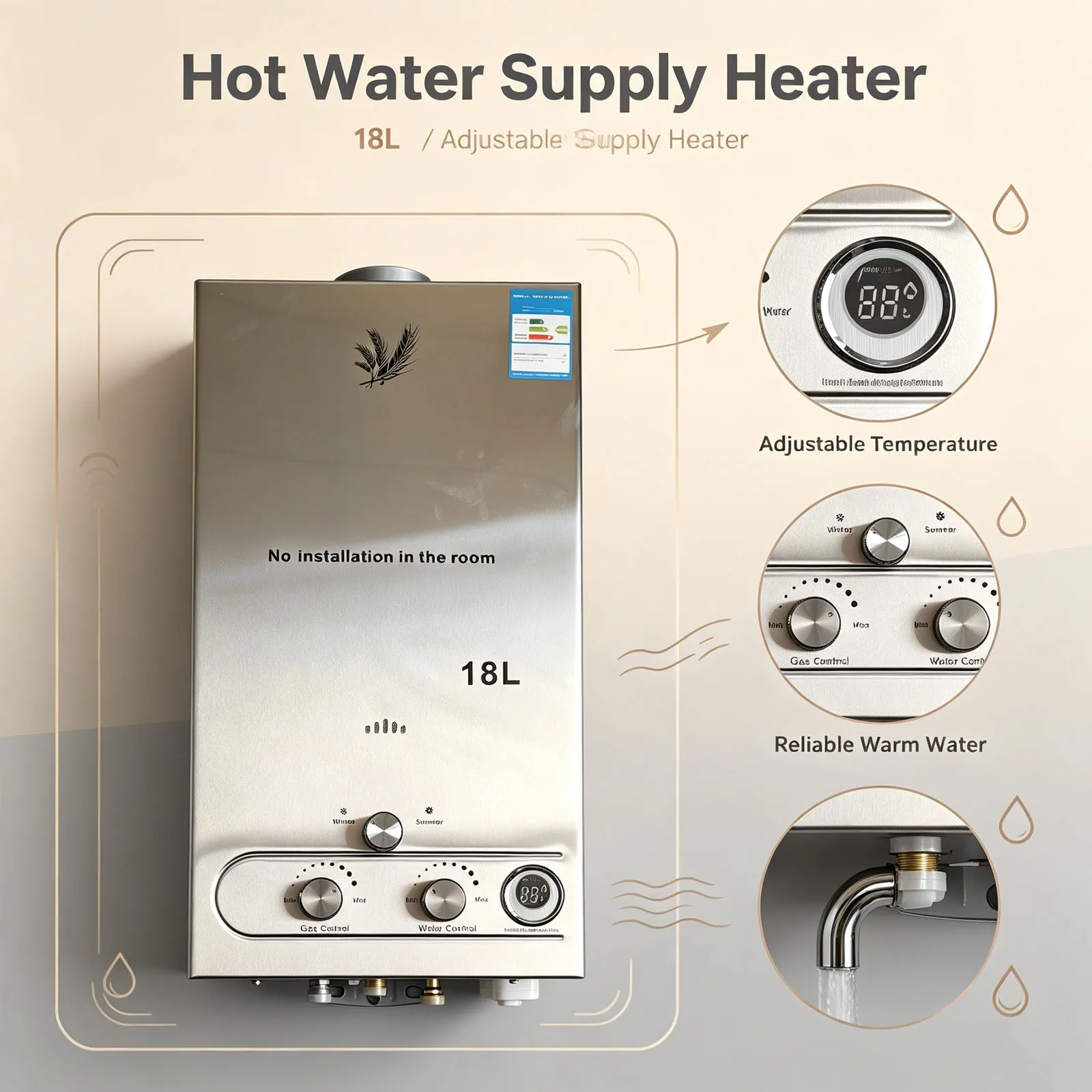 SIHAO 6/8/10/12/16/18L 12-36kw Stainless Steel Propane Hot Water Heater CE Certified Portable Instant Liquefied Petroleum Gas Water Heater Tankless Boiler Kit