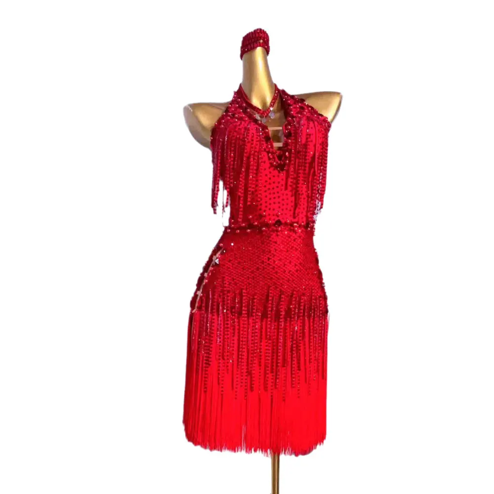 Abito da passerella con perle rosse personalizzate di fascia alta da donna con strass da ballo latino, costume da samba americano