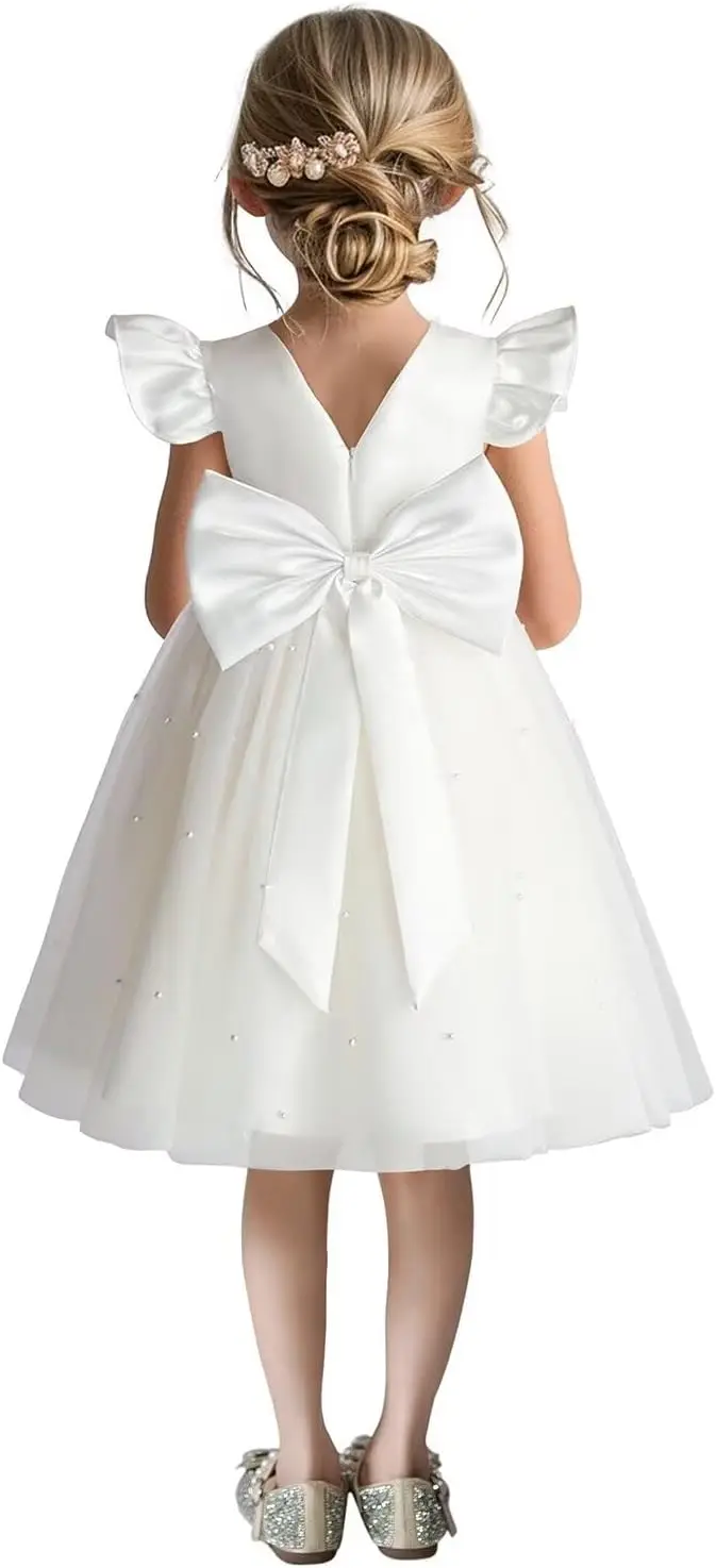 Satin Flower Girl Dress V-Back Ruffle Sleeve Dresses Girls Tulle Dress for Wedding First Communion with Bow-Knot