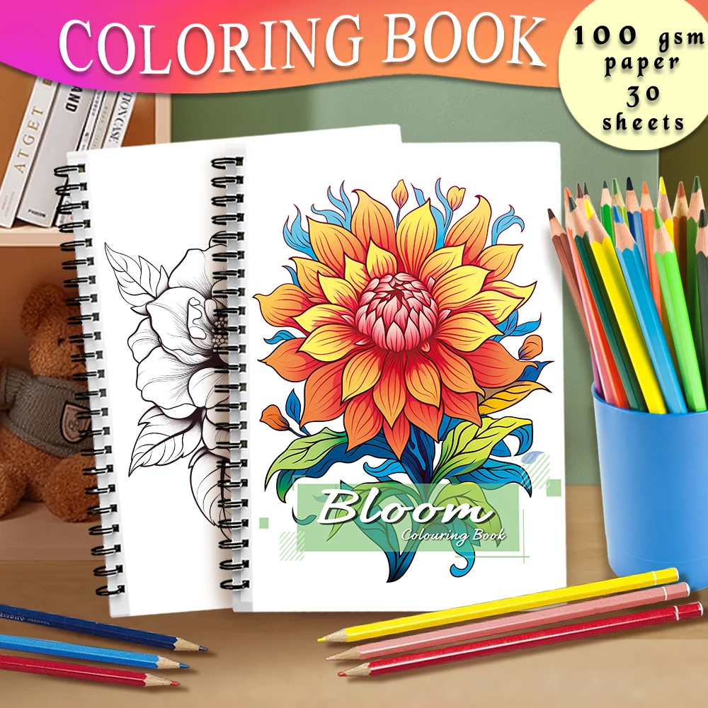 Libro de colorear en espiral para adultos, papel grueso de 11,2g, libro de dibujo, regalo de vacaciones de regreso a casa, 8,3x100 pulgadas, 30 hojas