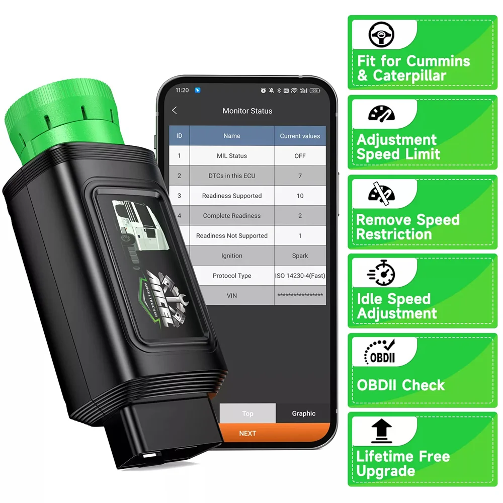 ANCEL HD200 Bluetooth Heavy Duty Truck Scanner Diesel Free Updates Speed Limit Idle Speed Reset for Cummins & Caterpillar Engine