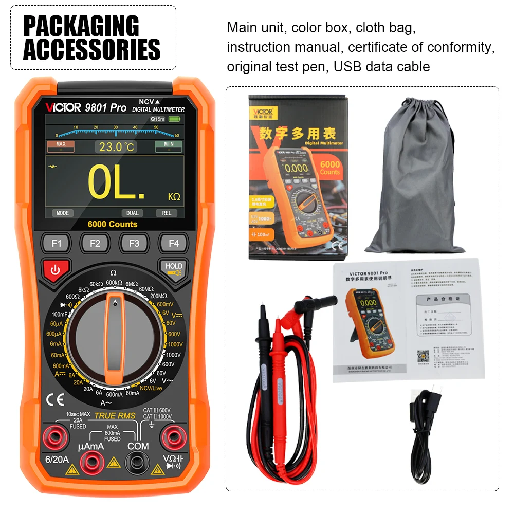 Victor 9801 Pro 20A Multimeter 1000V Digital Display
