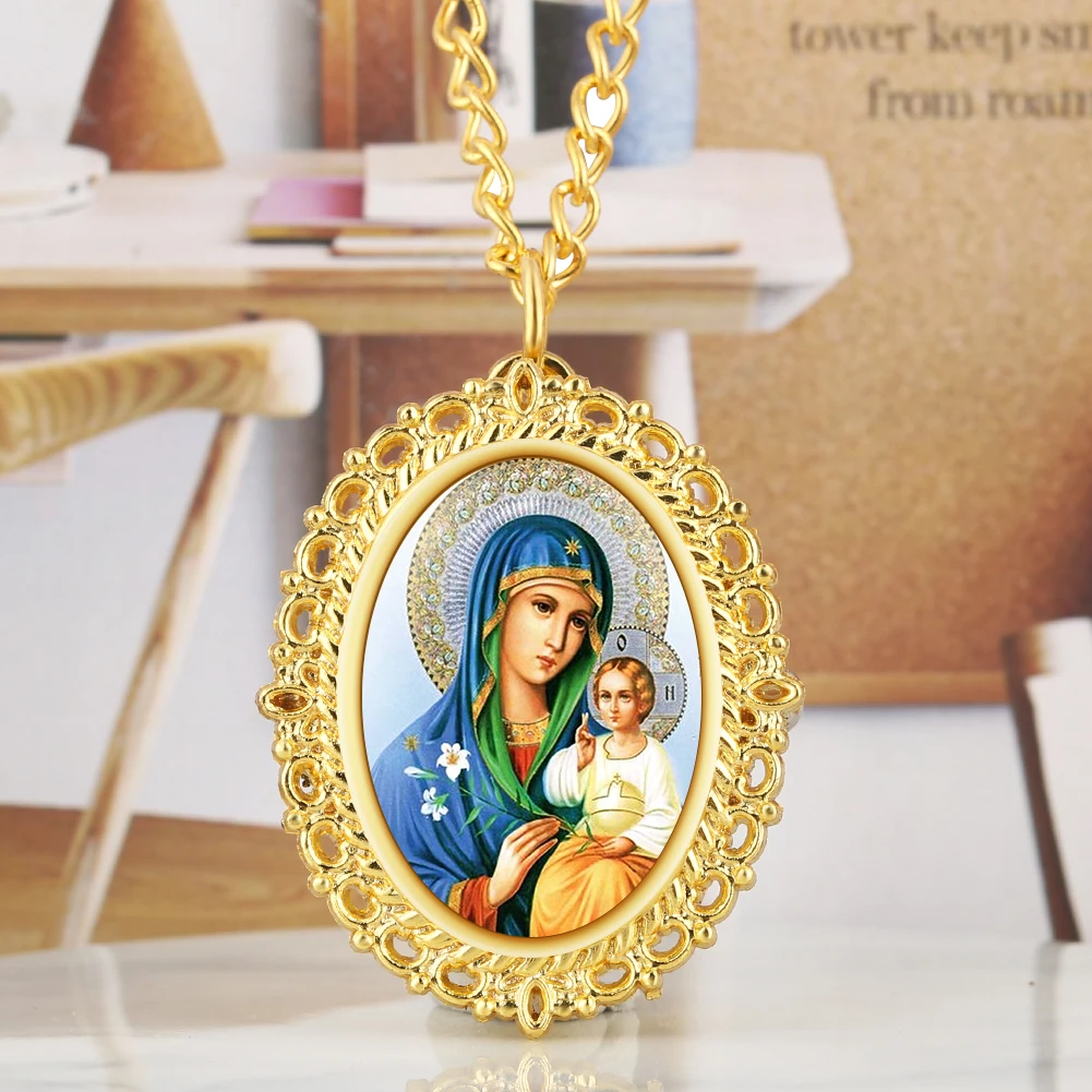 Ouro oval relógio de bolso pingente relógio de quartzo feminino relógios virgin mary jesus padrão masculino vintage colar presentes