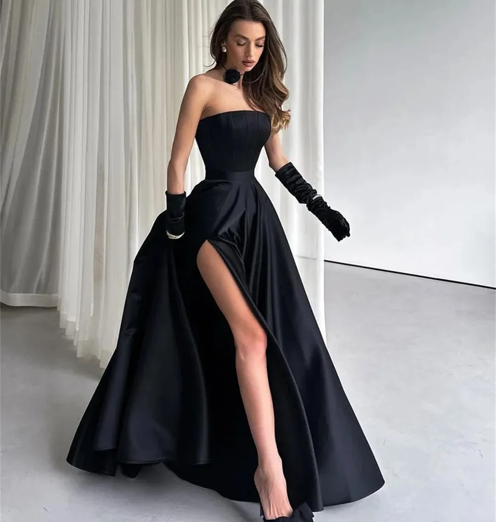 

Elegant Black Evening Pageant Dress 2026 Strapless Side High Split Satin Formal Prom Party Gowns Robe De Soriee