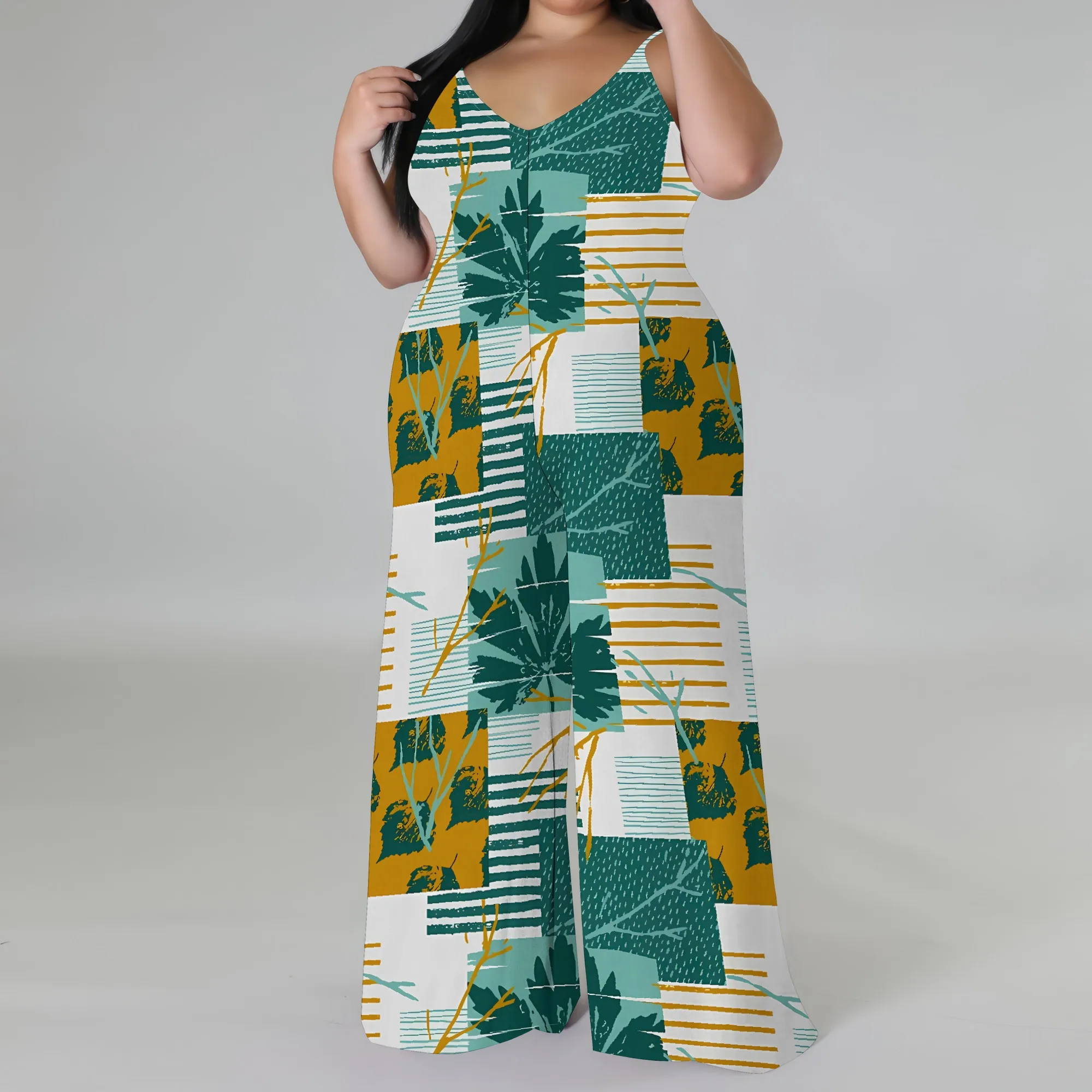 Plus Size Patchwork Leaf Print Jumpsuit with Matching Head Wrap Wide Leg Sleeveless Look