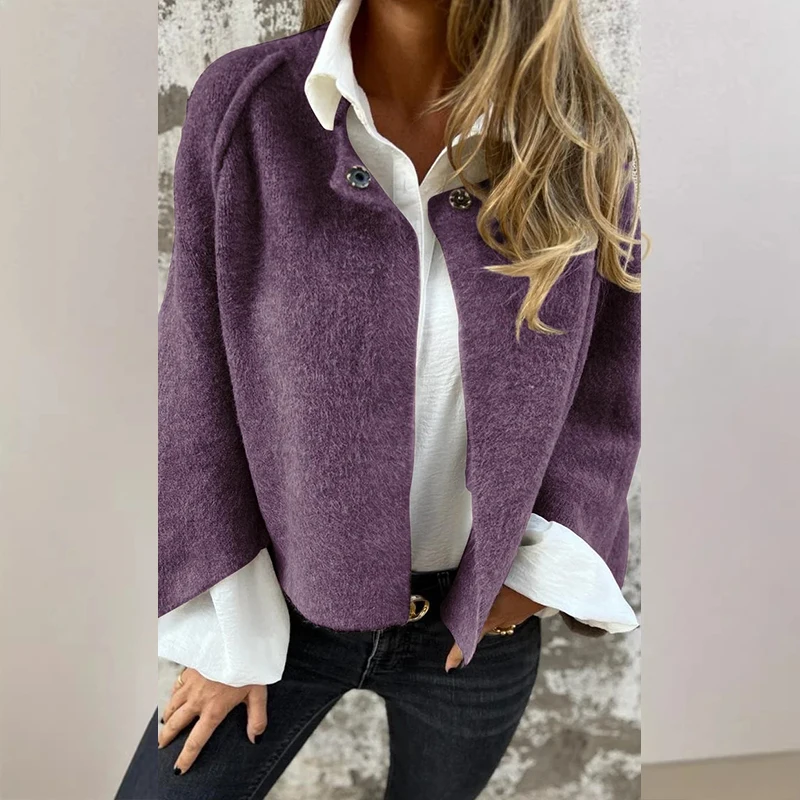 Autumn Winter Commuter Long Sleeved Buttoned Outwear All Match Lady Wool Short Coats Elegant Crew Collar Solid Office Jackets