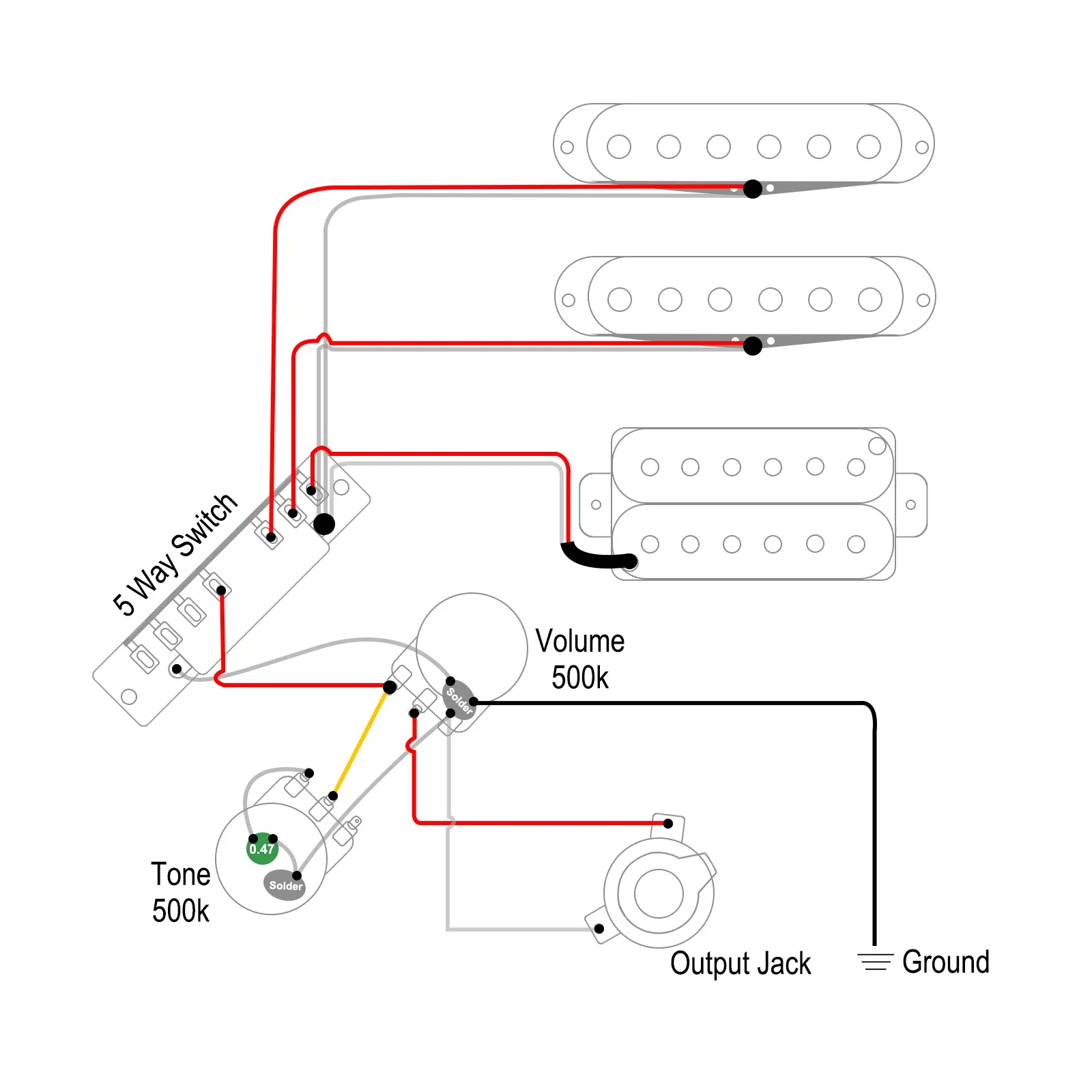 Electric Guitar Wiring Harness Prewired with A500K B500K Big Pots 3/5 Way Switch 1 Volume 1 Tone Black-White