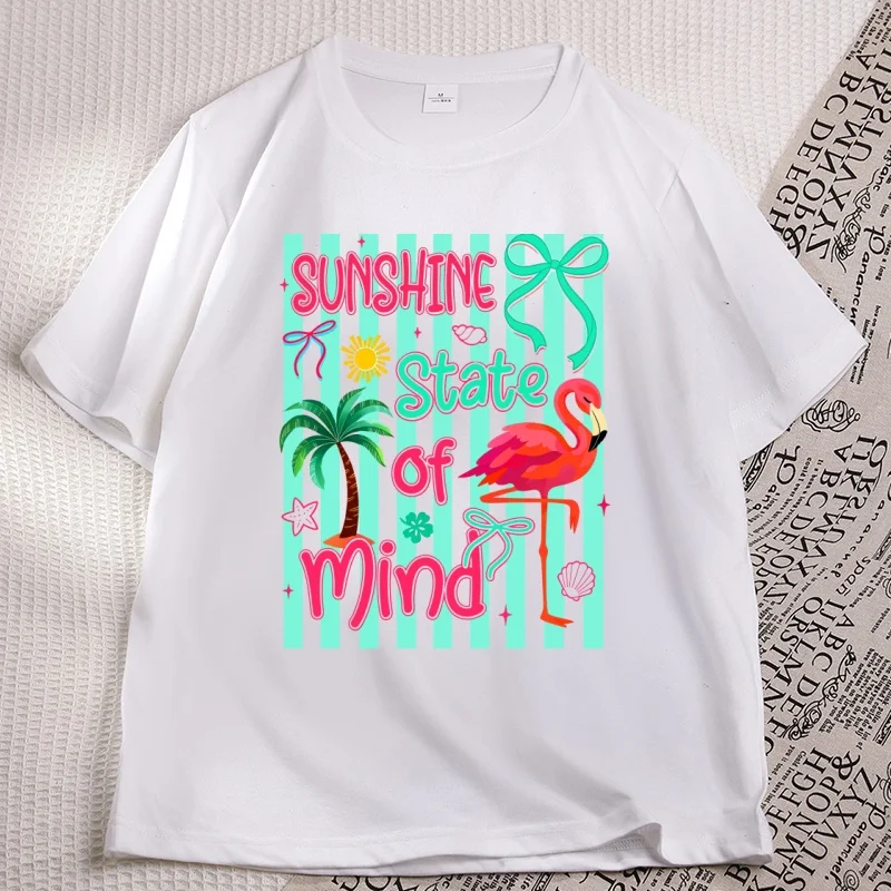 Sunshine State of Mind T-Shirt Summer Vibes Tshirt Flamingo Sunshine Tee Casual Short Sleeve Lover Clothes Cotton Woman Tee