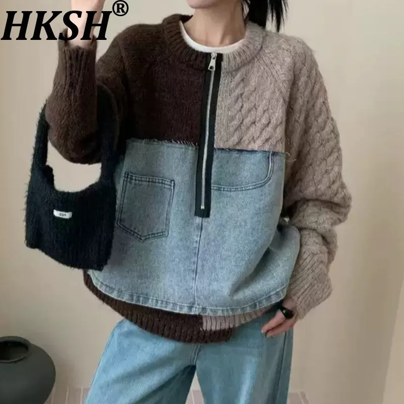 

HKSH осень-зима новый женский свитер цветных блоков джинсовый лоскутный вязаный асимметричный круглый вырез с длинными рукавами ретро топы Y2K HK15697