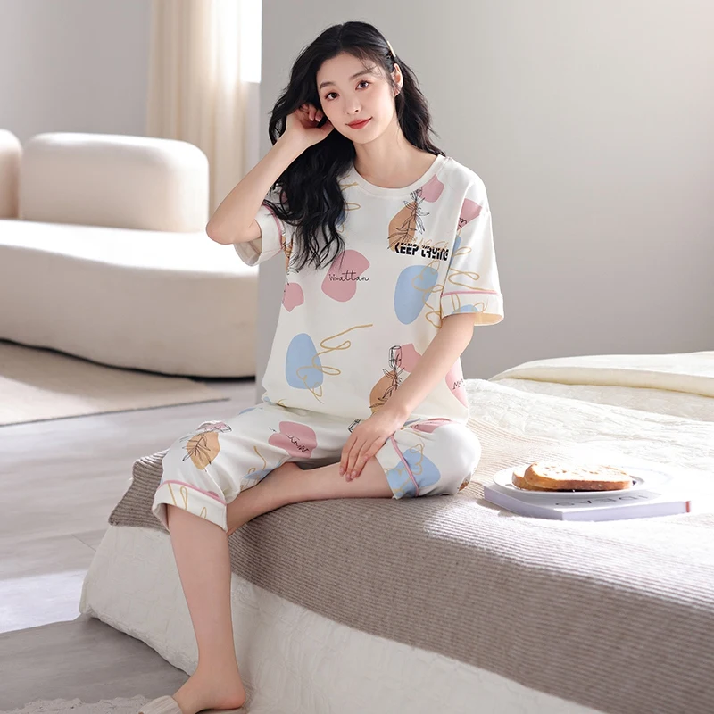 2024 Summer 100% Cotton Cute Short Sleeve Knee Length Pajama Sets for Women Korean Loose Sleepwear Pyjama Homewear Home Clothes