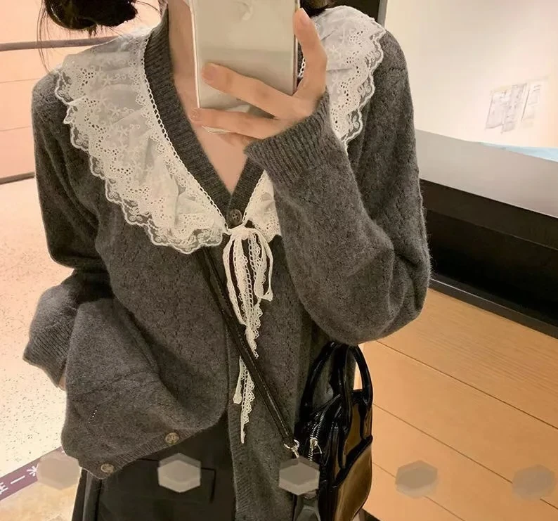 

Топ с длинным рукавом, вязаные милые свитера, женские элегантные кардиганы на пуговицах с завязкой спереди, кружево