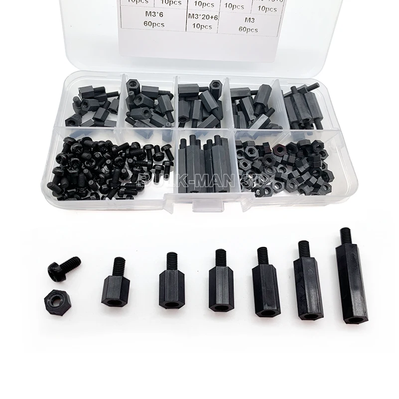 180pcs/Set M3 Nylon Black Hex M-F Spacers Column Flat Head Plastic Spacing Screws Nuts