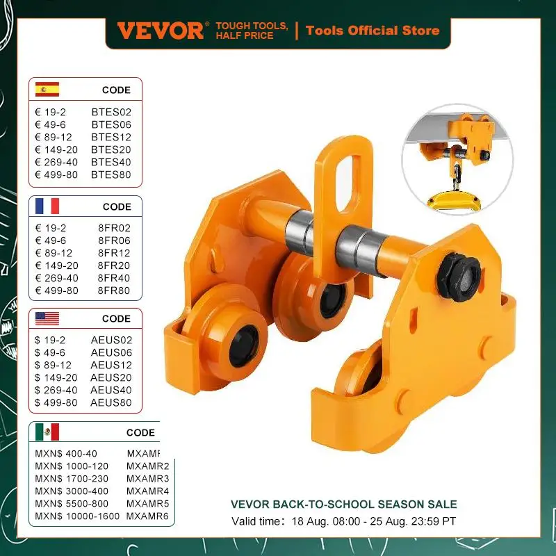 

VEVOR 0.5T-3T Capacity Push Beam Trolley For Heavy Duty Dual Wheels Garage Hoist Manual Plain for Straight Curved I Beam Flange