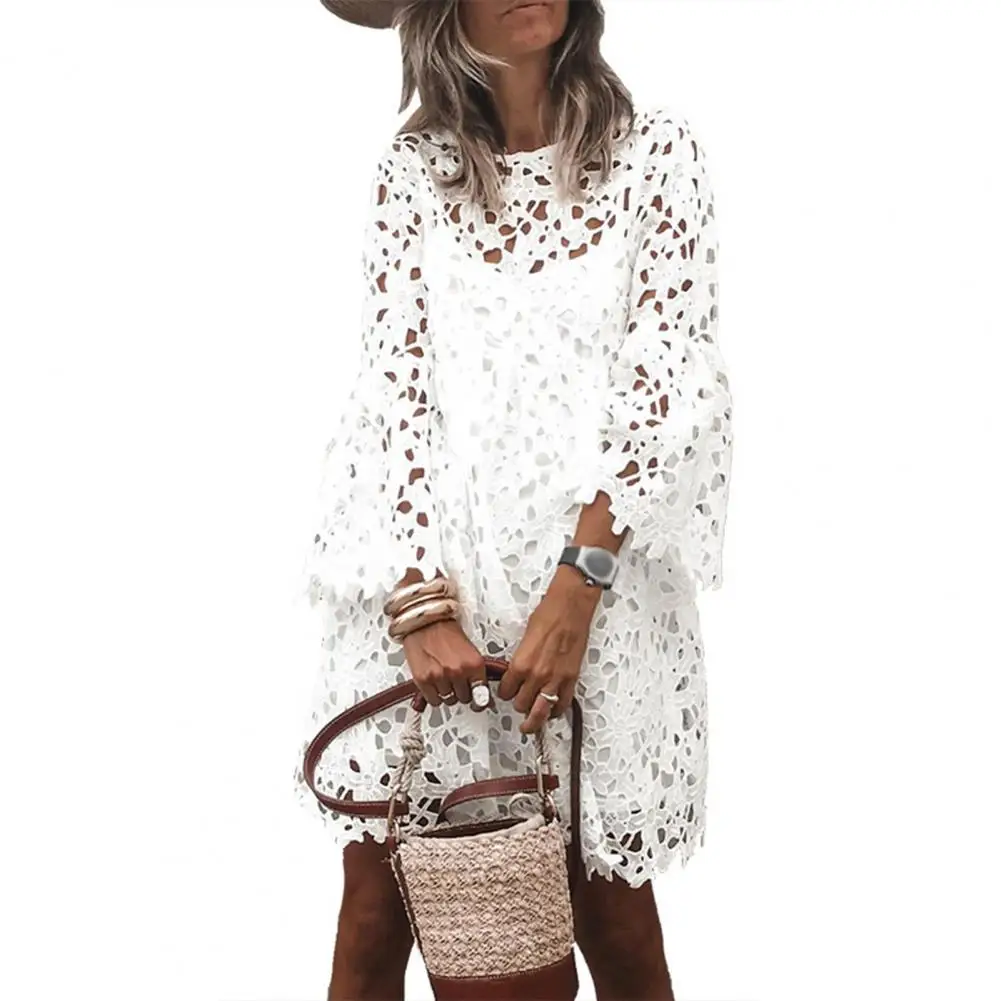 Two Pieces Set Women Sling Dress Cover-Up Set Lace Flare Sleeve Women Autumn Dress See Through Tunic Dress Sets White