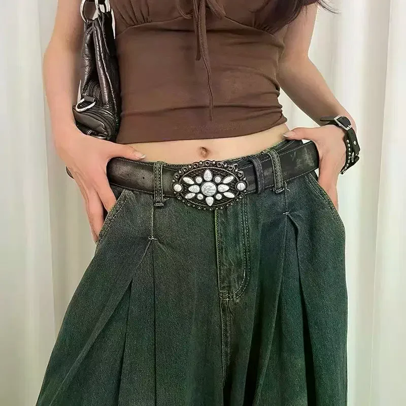 Vintage White Stone Buckle Belt Engraved Flower Belt Embossed Leather Belt Boho Western Belt Jeans Belt