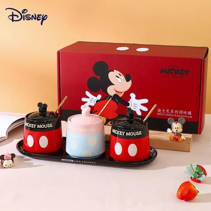 

Disney Mickey Minnie Cartoon Anime Ceramic Seasoning Jar Set with Spoon Cute Kitchen Supplies Salt Jar Kawaii Gift for Girls