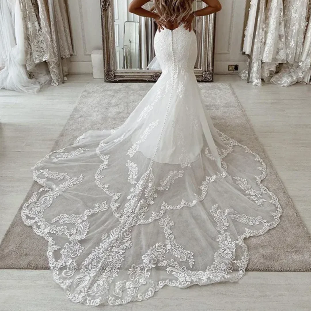 Vestidos de novia de cola de barrido de sirena sexy espalda abierta cuello redondo de talla grande Apliques de encaje vestidos de novia personalizados