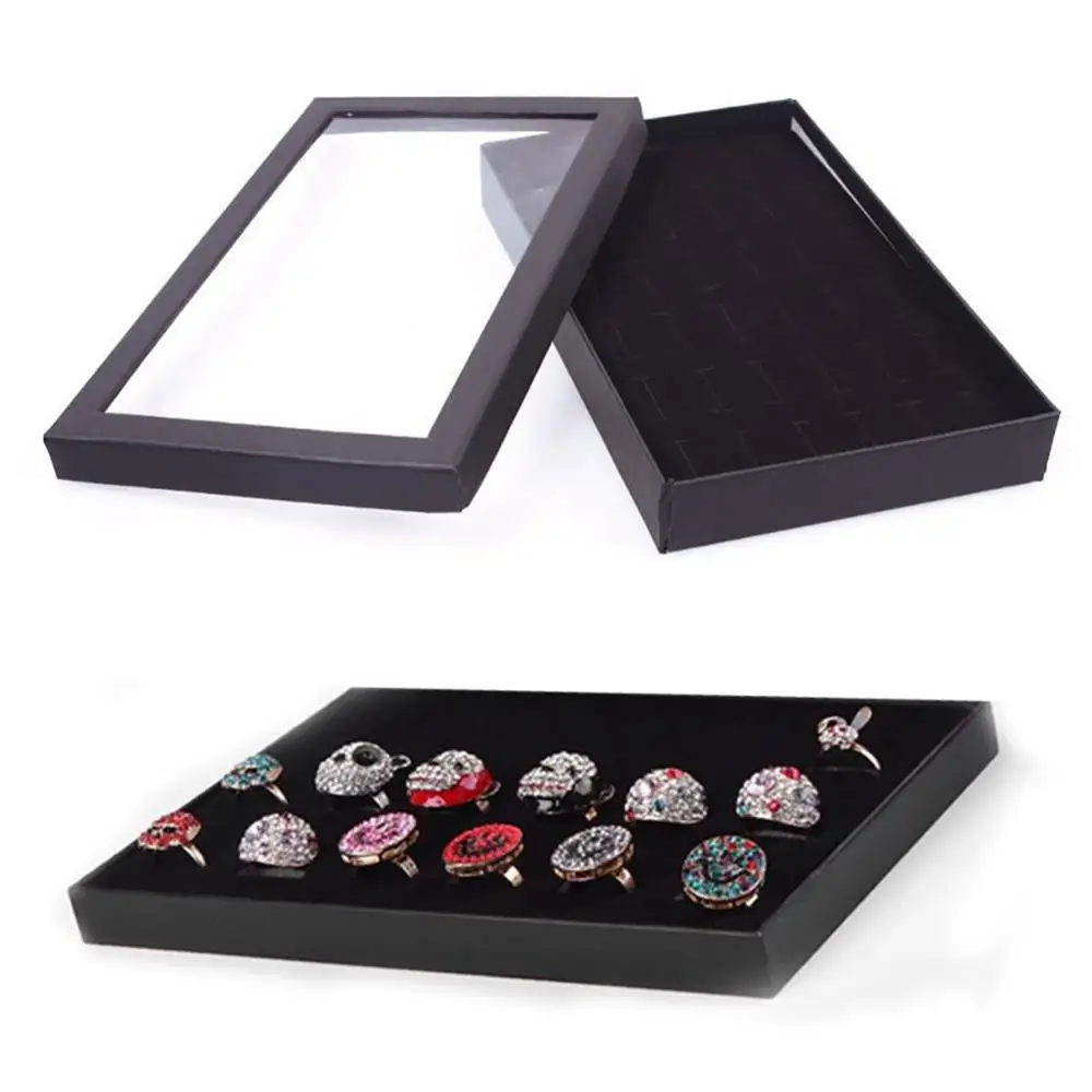 Storage Box Organizer PU Black Carrying Case with Glass Cover Jewelry Ring Display Box Tray Holder Earrings Ring Bracelet Bo