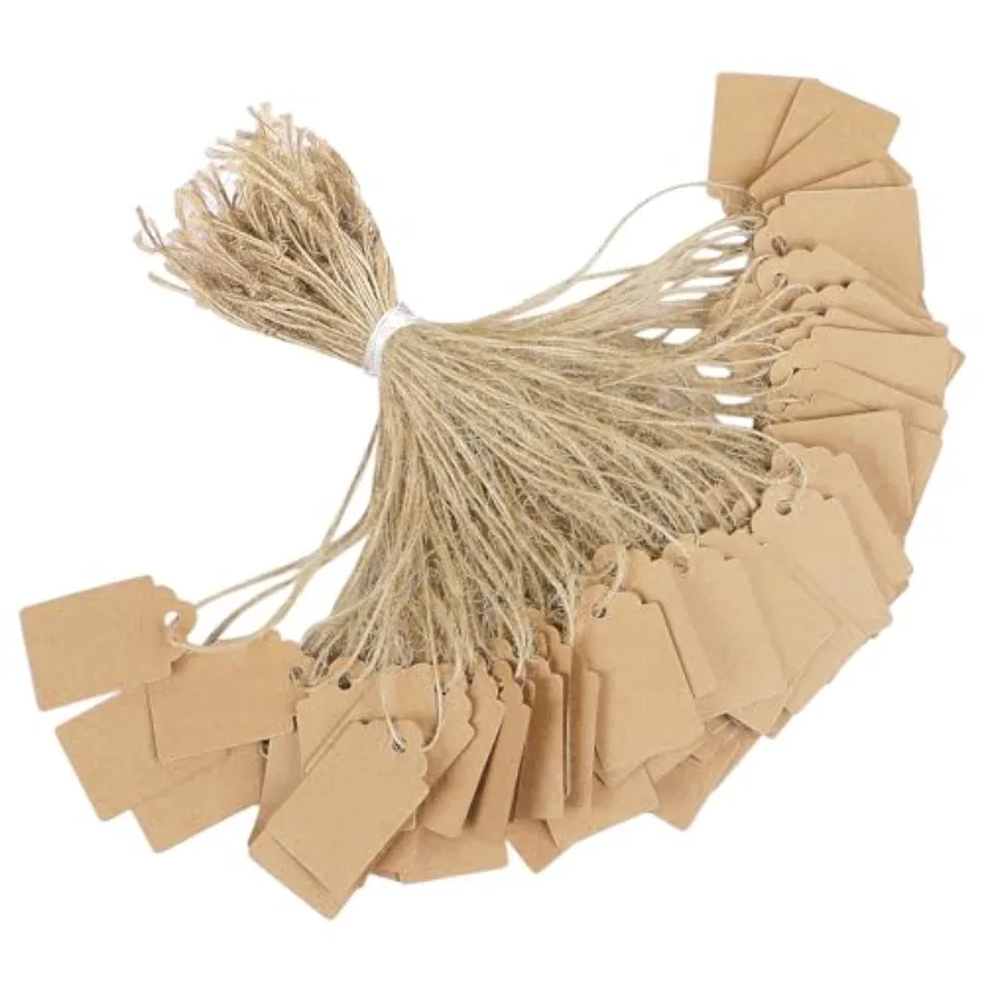 200 Pcs Price Tag with String Attached Writable Brown Kraft Paper Tags with Jute Twine Hang Tag Price Display Labels for Clothi