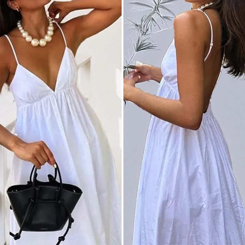 

Women's Backless Midi Dress Waistband V Neck Solid Pullover High Waisted Loose Fitting Camisole A-line Skirt New Chic Dress