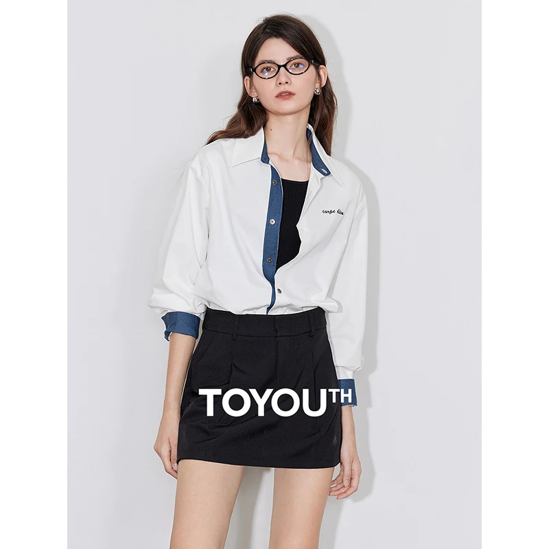 TOYOUTH Women Blouse Shirt 2024 Autumn New Contrasting Color Splicing Embroidery Long Sleeve Pocket Shirt Tops