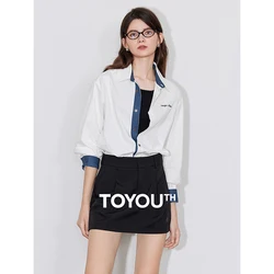 TOYOUTH Women Blouse Shirt 2024 Autumn New Contrasting Color Splicing Embroidery Long Sleeve Pocket Shirt Tops