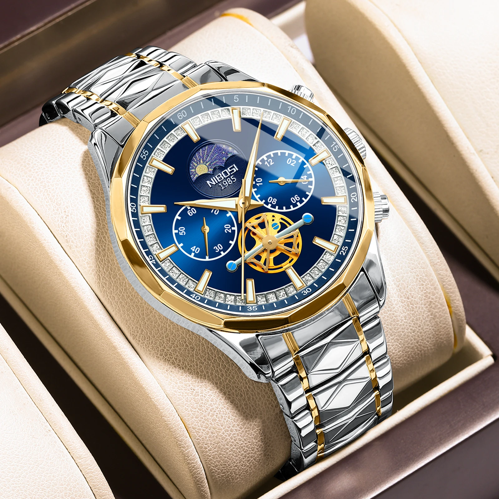 

NIBOSI Luxury Men Watches Moon Phase Stainless Steel Waterpoof Luminous Fashion Skeleton Chronograph Quartz Wristwatch for Men
