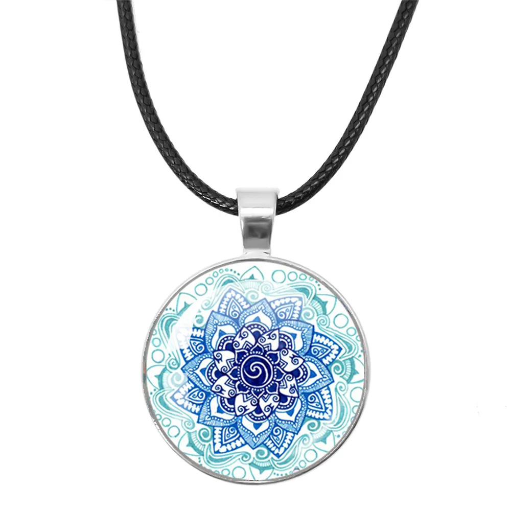 Classic Flower Of Life Rope Chain Glass Pendant Necklaces Mandala Elegant And Complex Pattern Necklaces Women Cabochon Jewelry