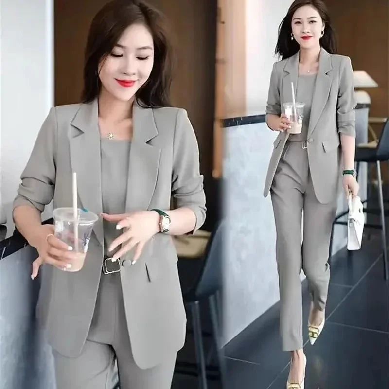 Women's 2024 Autumn Winter New Fashion Professional Suit Korean Elegant Casual Blazers Jacket+suspender+pants Three Piece Suits