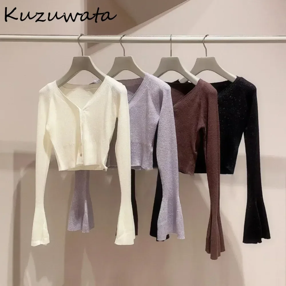 Kuzuwata New Sweet V Neck Flare Sleeve All-match Cardigan Slim Single Breasted Knit Gentle Sweaters Japan Fresh Elegant Knitted