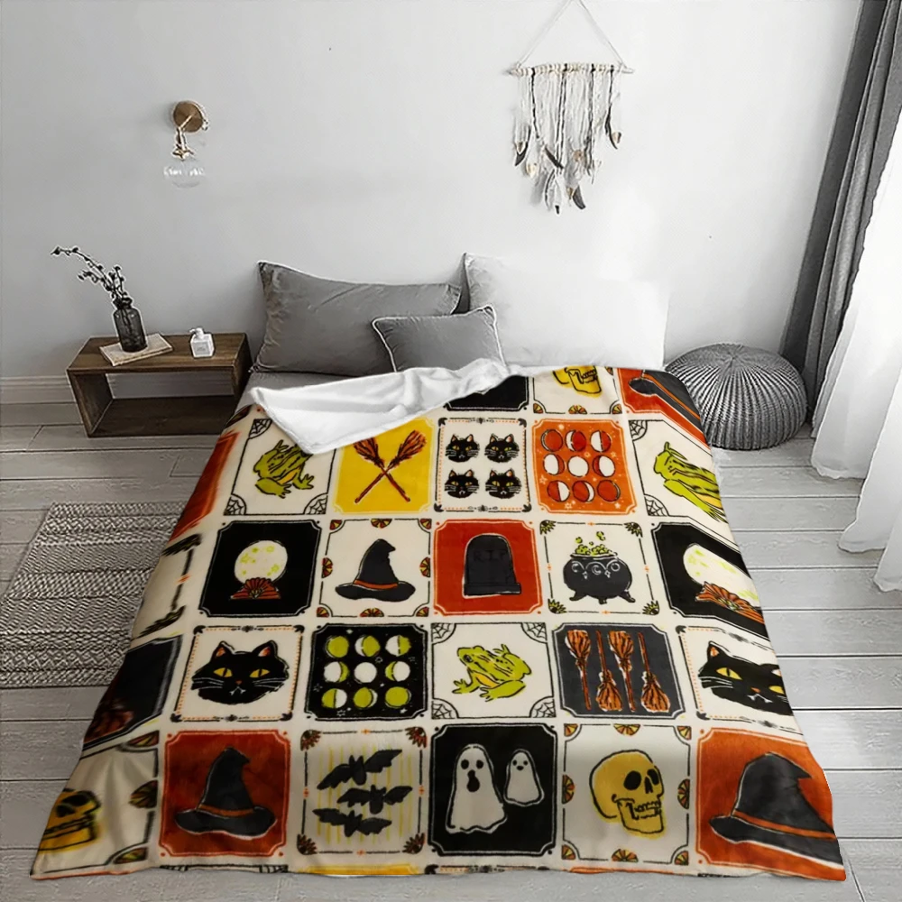 Halloween Soft Flannel Blanket with Spooky Print, Perfect for Parties, Home, Outdoor, and Salons. Portable and Lightweight.