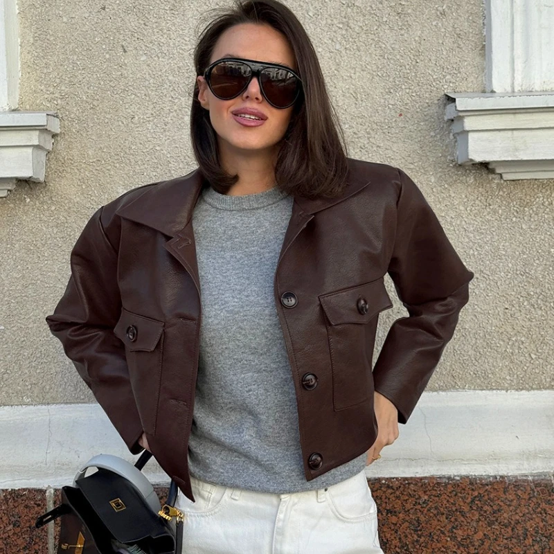 TARUXY Fashion PU Leather Jacket Women's Lapel Pockets Single-Breasted Stitching Coat Autumn Motorcycle Style Commuter Clothing