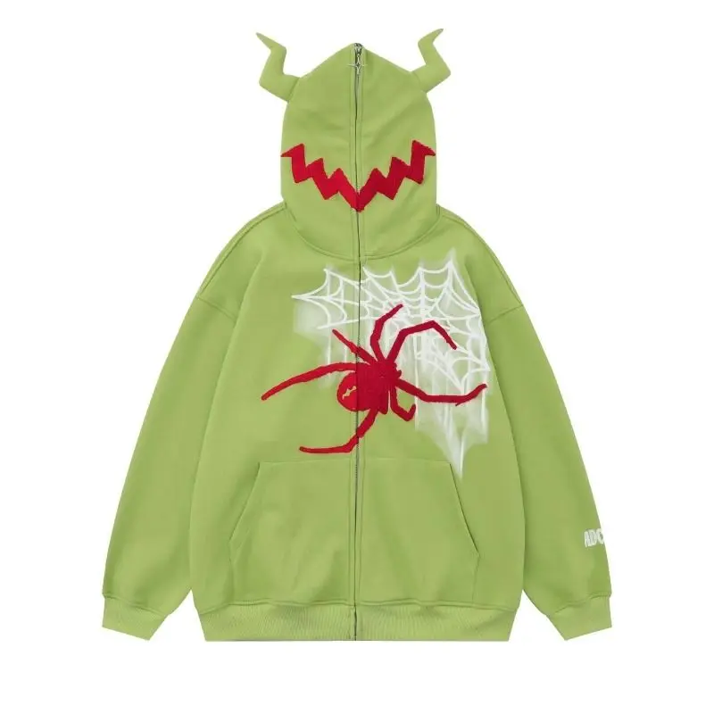 

Уникальная зеленая толстовка с красным принтом паука, уличная одежда, толстовка на молнии с дьявольским рогом, готический унисекс, модный комплект для пар, графический комплект
