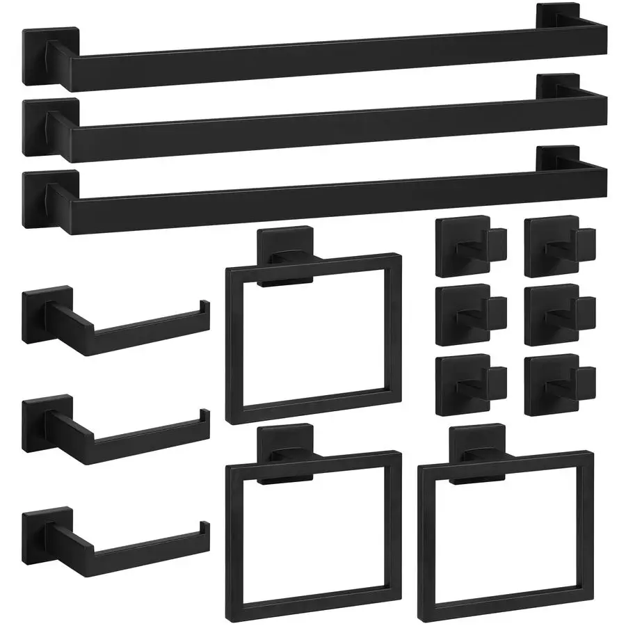 

15Pieces Bathroom Hardware Set Matte Black Bathroom Accessories, 24 Inch Towel Bar, Square Towel Ring, Toilet Paper Holder, Towe