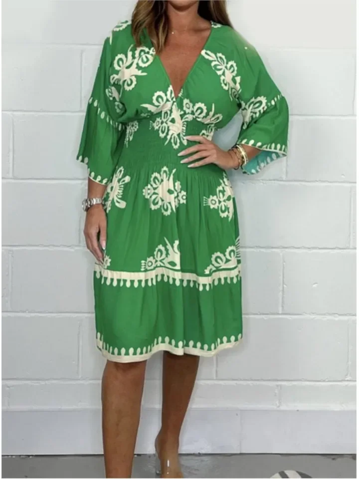 Fashion Boho Print Dress Lady Casual Sexy V Neck High Waist Loose Dresses For Women Holiday Beach Party Skirts Womens Clothing