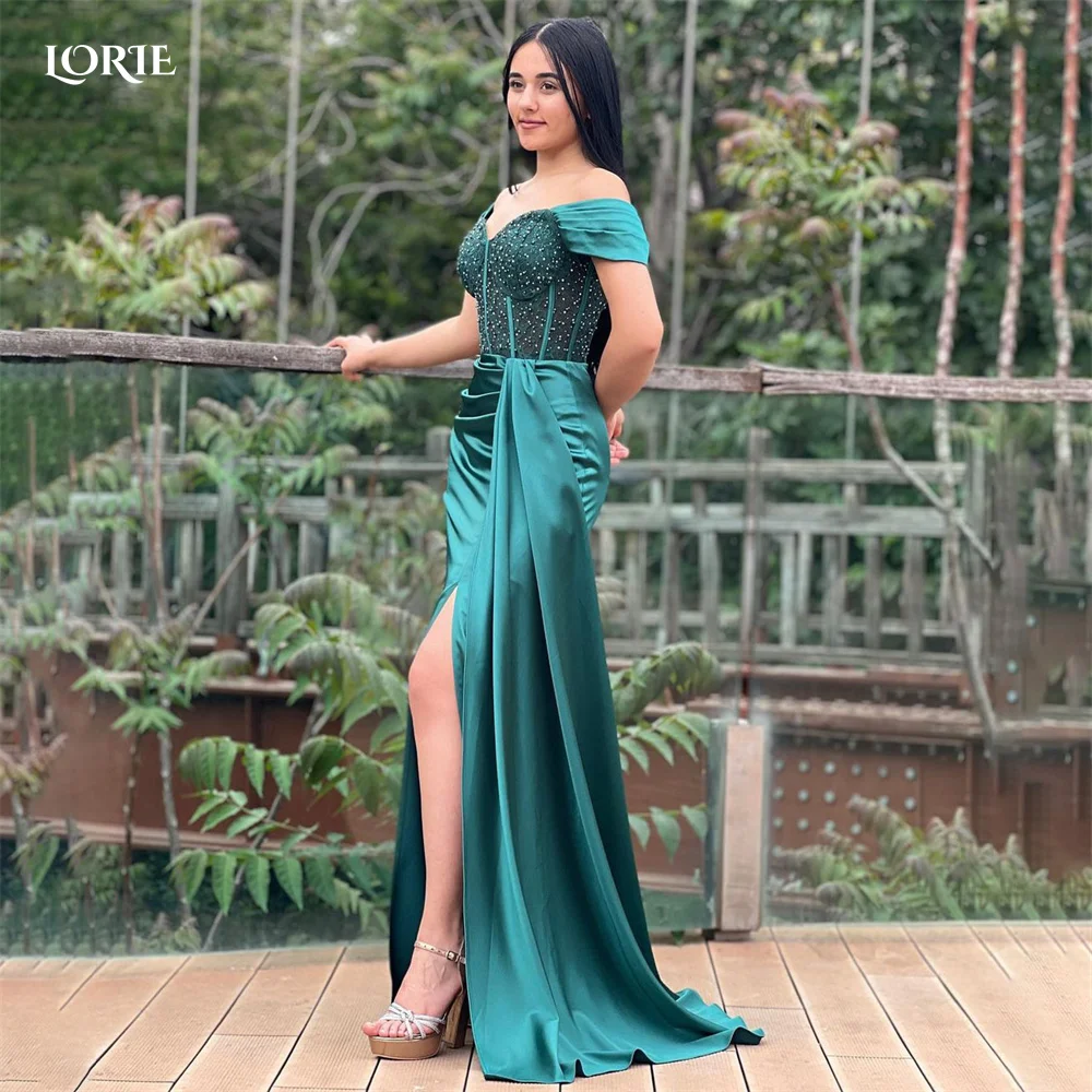 

LORIE Solid Beadings Formal Evening Dresses Satin Saudi Arabia Side Slit Celebrity Gowns Mermaid Off Shoulder Ruched Party Gown