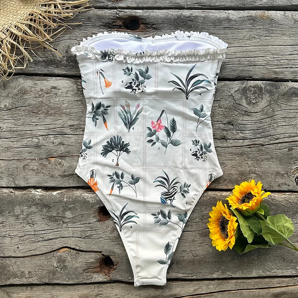 Bandeau One Piece Women Floral Lace Up 2024 Push-Up Padded Bra Print Swimsuit Swimwear Bathing Suit Beachwear Monokini Female